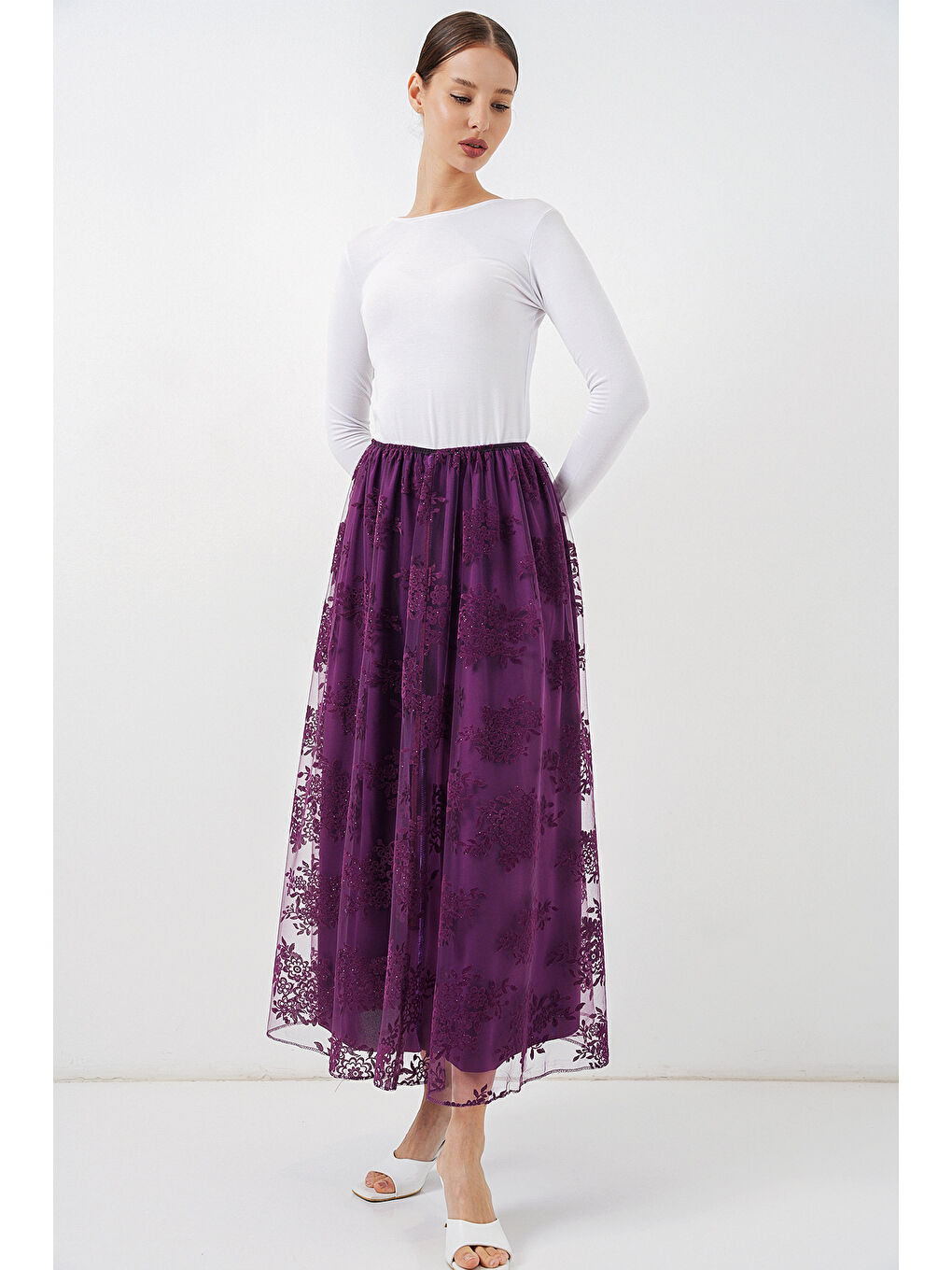 Kadın Flok Baskılı Uzun Tül Etek 8070 - Mor-2