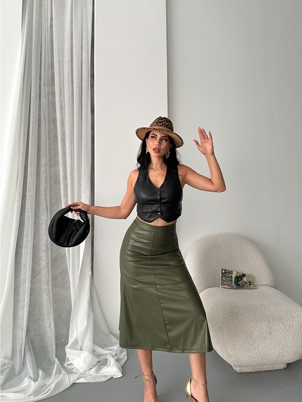 Haki Midi Boy Deri Etek-3