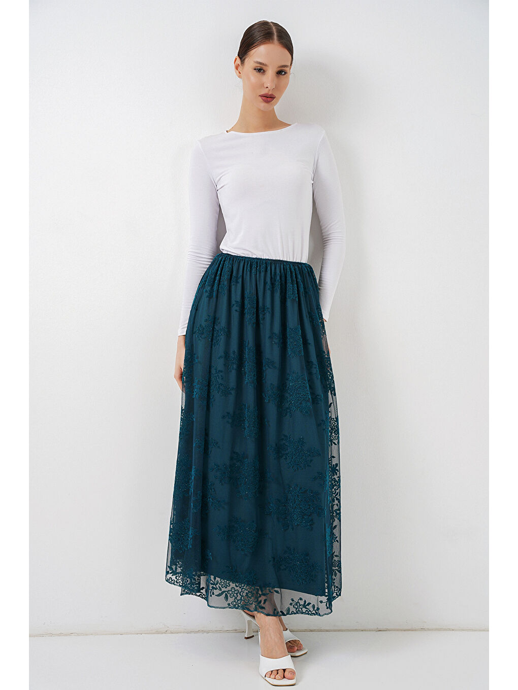 Kadın Flok Baskılı Uzun Tül Etek 8070 - Petrol