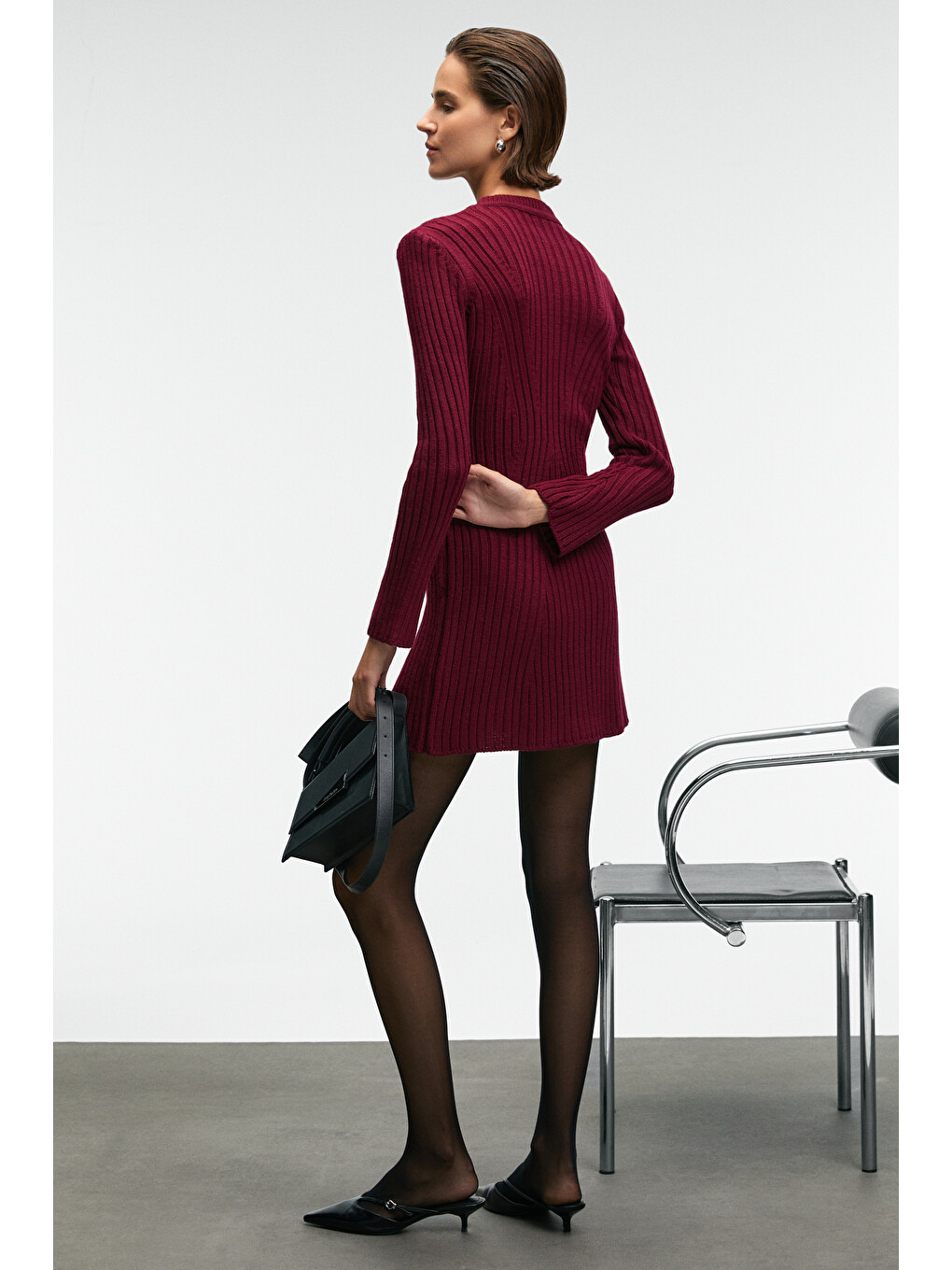 Encanto Kadın Yuvarlak Yaka Çizgi Desenli Slim Fit Bordo Elbise-4