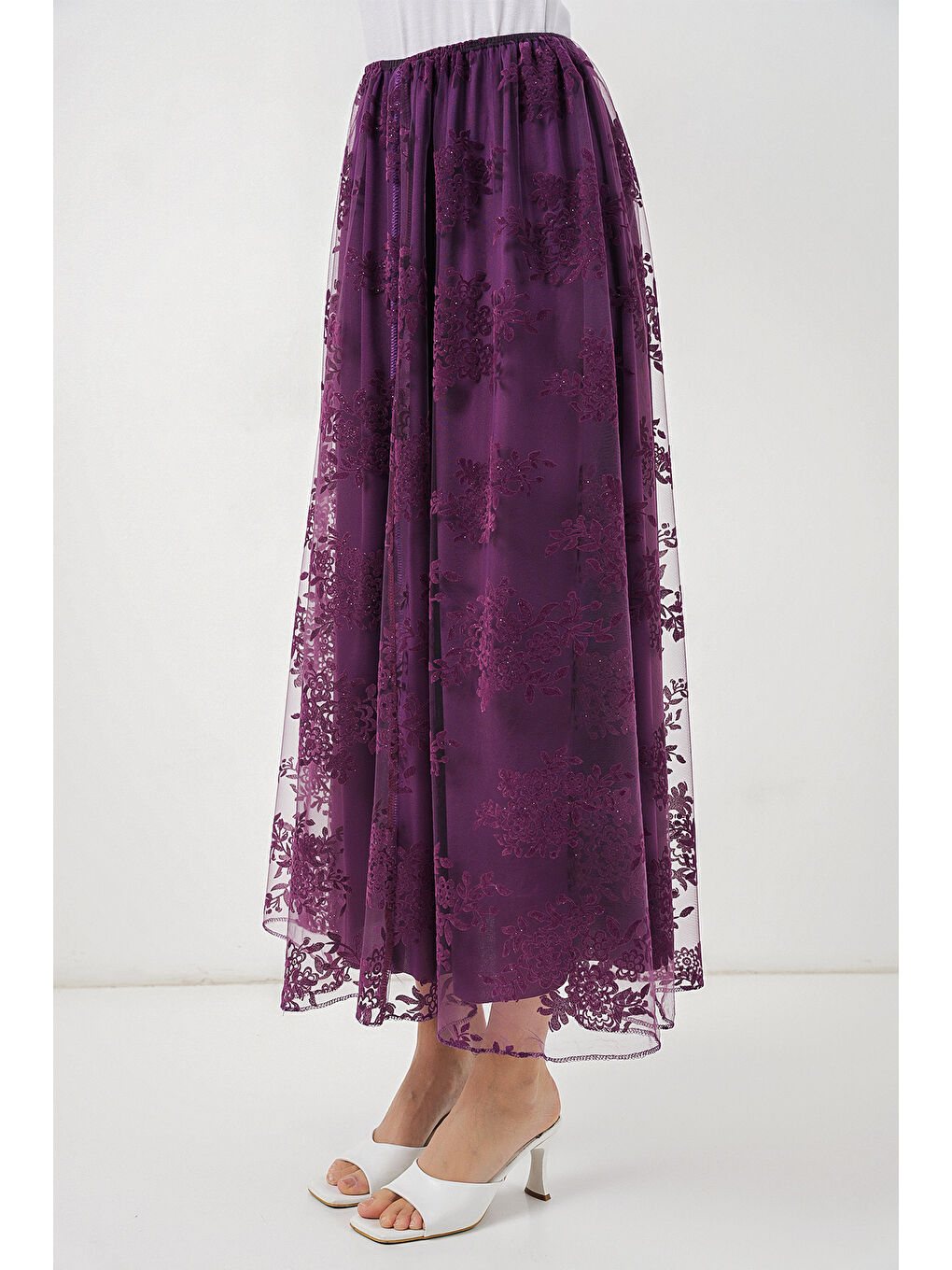Kadın Flok Baskılı Uzun Tül Etek 8070 - Mor-3