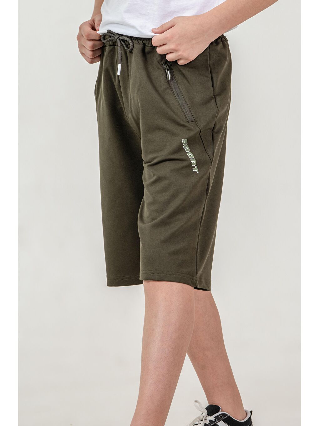 Haki Sport Baskılı Cepler Fermuarlı Erkek Çocuk Şort-4