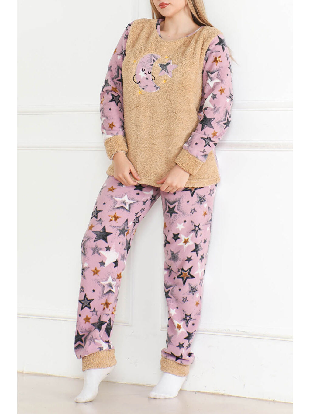 Nakışlı Pelüş Polar Pijama Takım Bej   26637