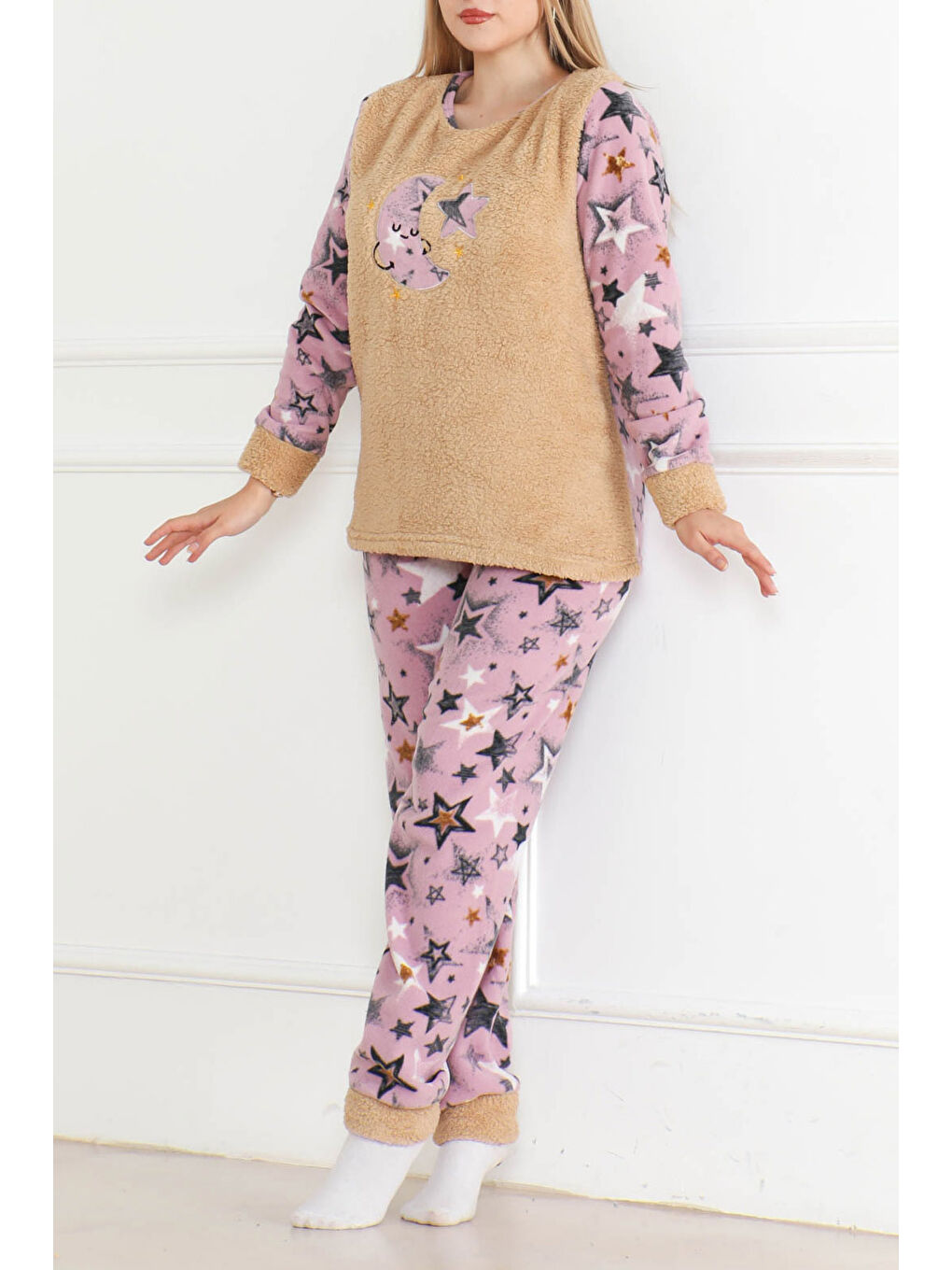 Nakışlı Pelüş Polar Pijama Takım Bej   26637-1