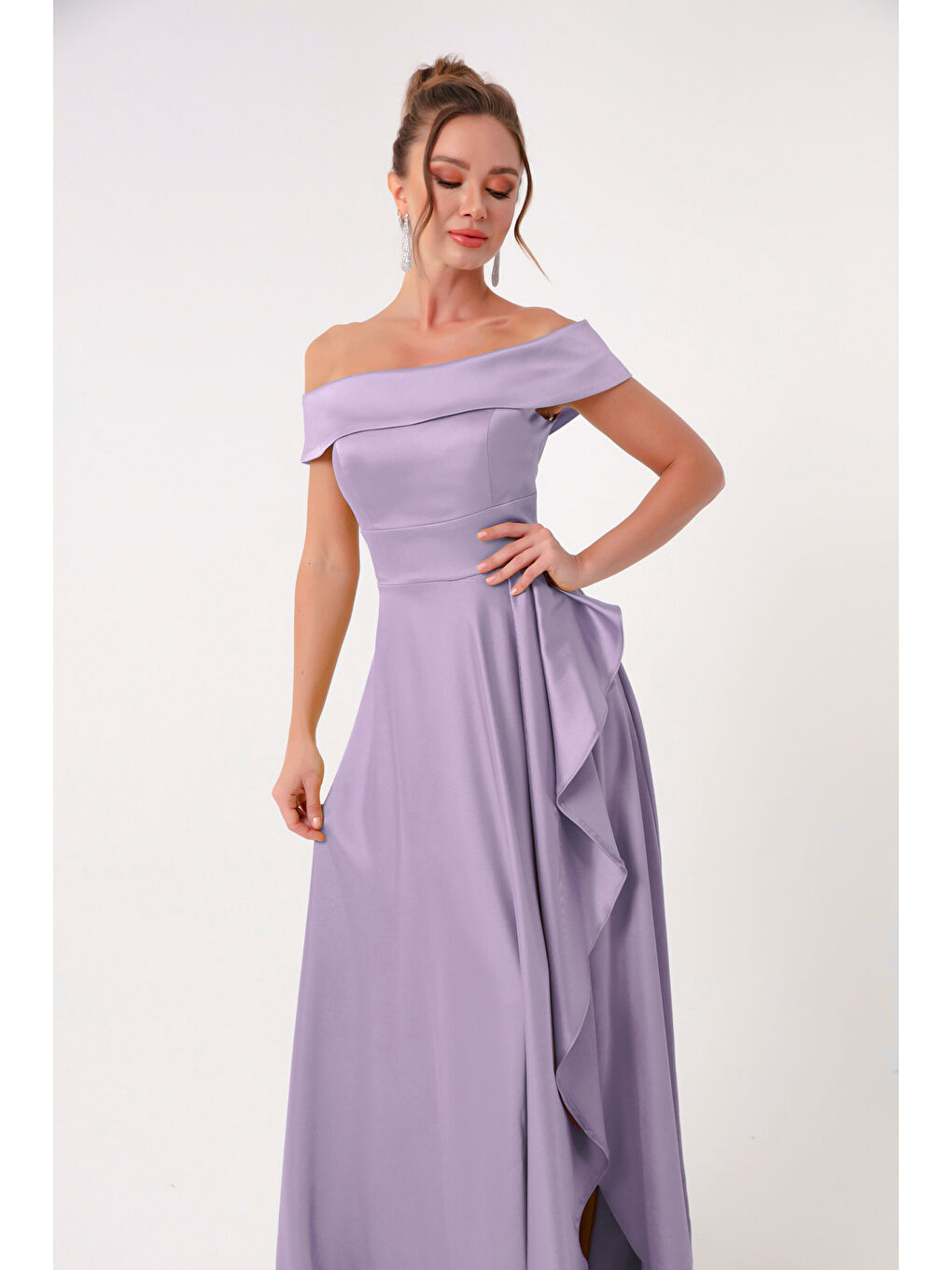 Kadın Lila Kayık Yaka Saten Abiye & Mezuniyet Elbisesi-1
