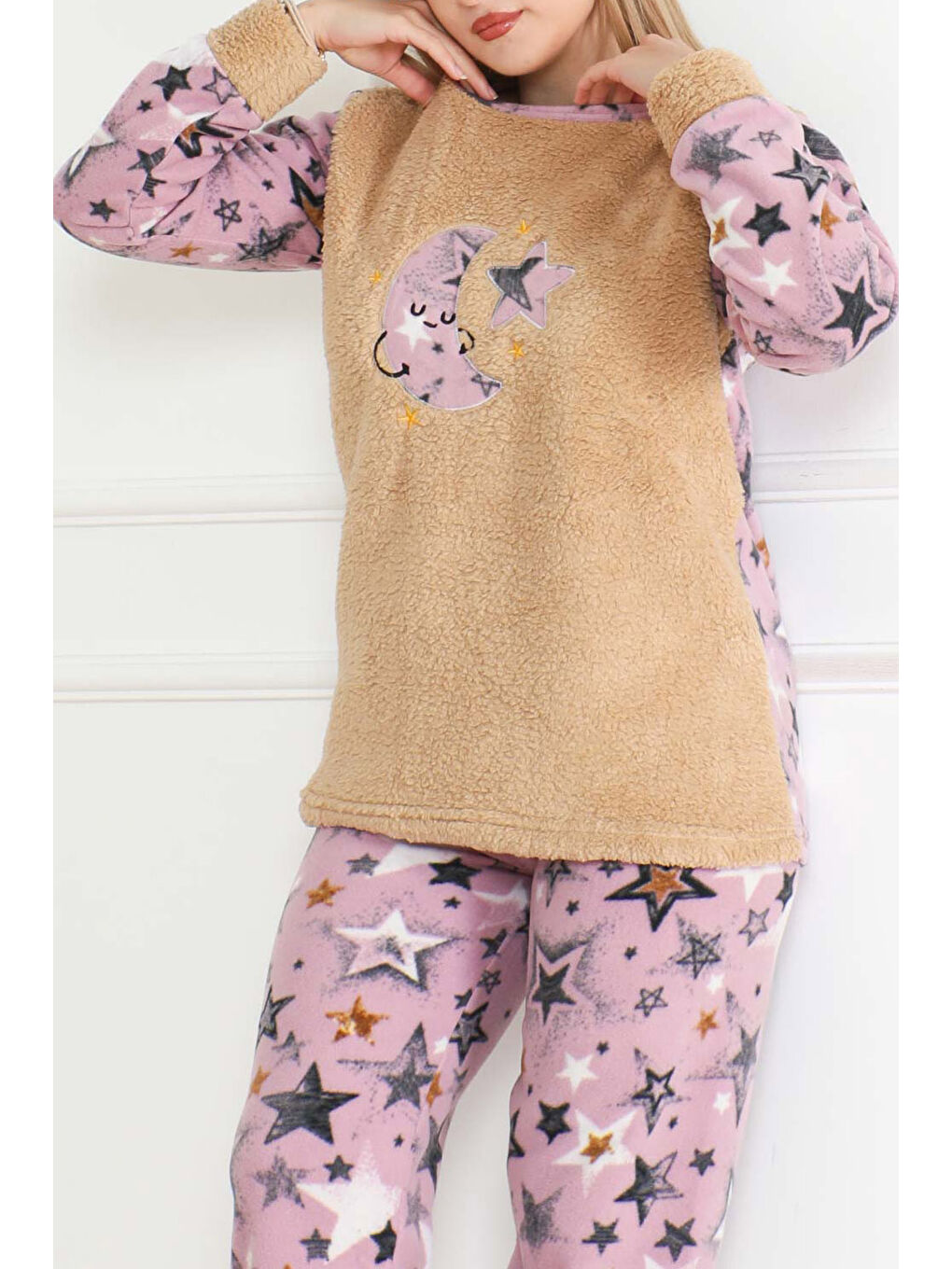 Nakışlı Pelüş Polar Pijama Takım Bej   26637-2