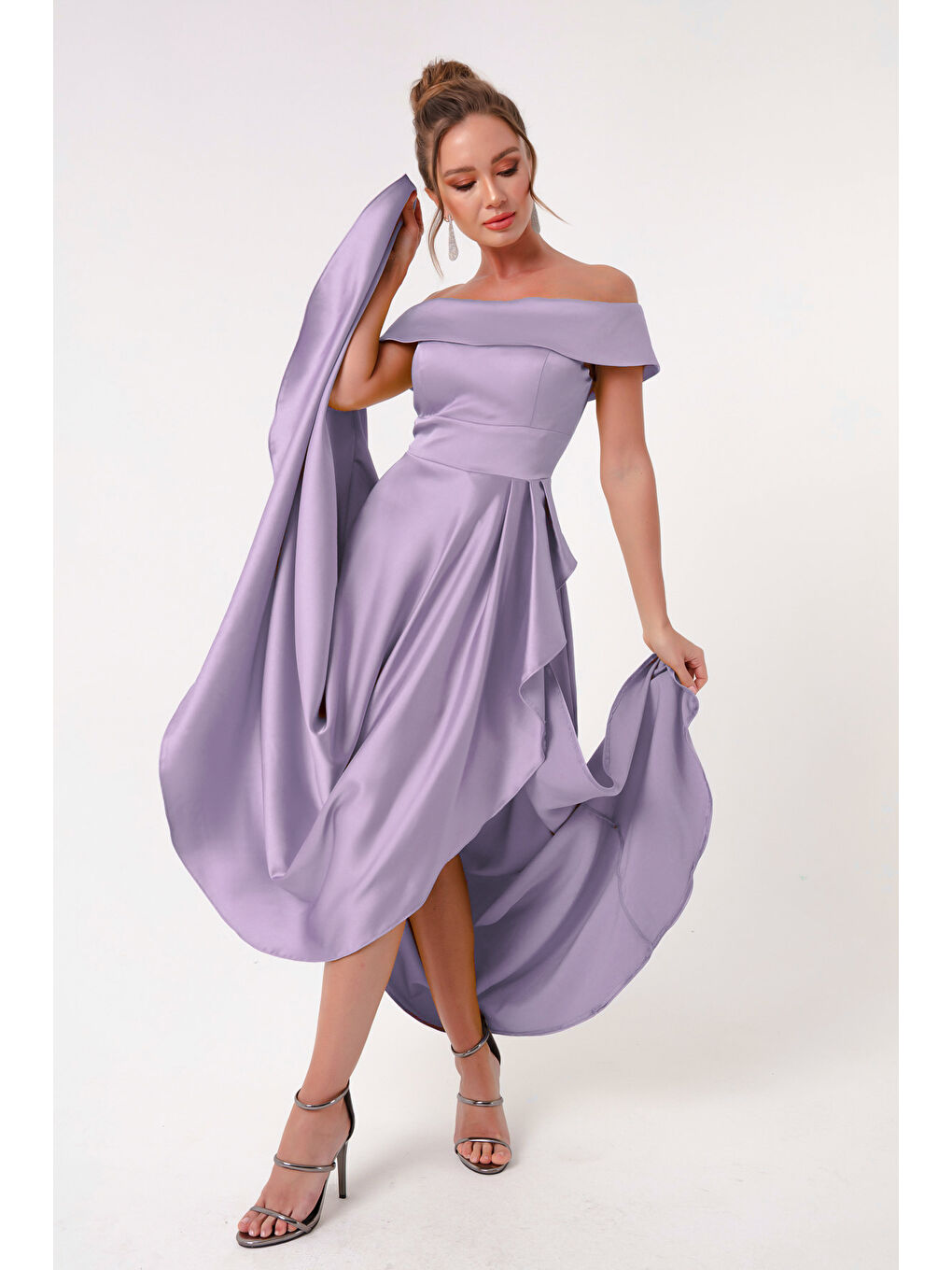 Kadın Lila Kayık Yaka Saten Abiye & Mezuniyet Elbisesi-2