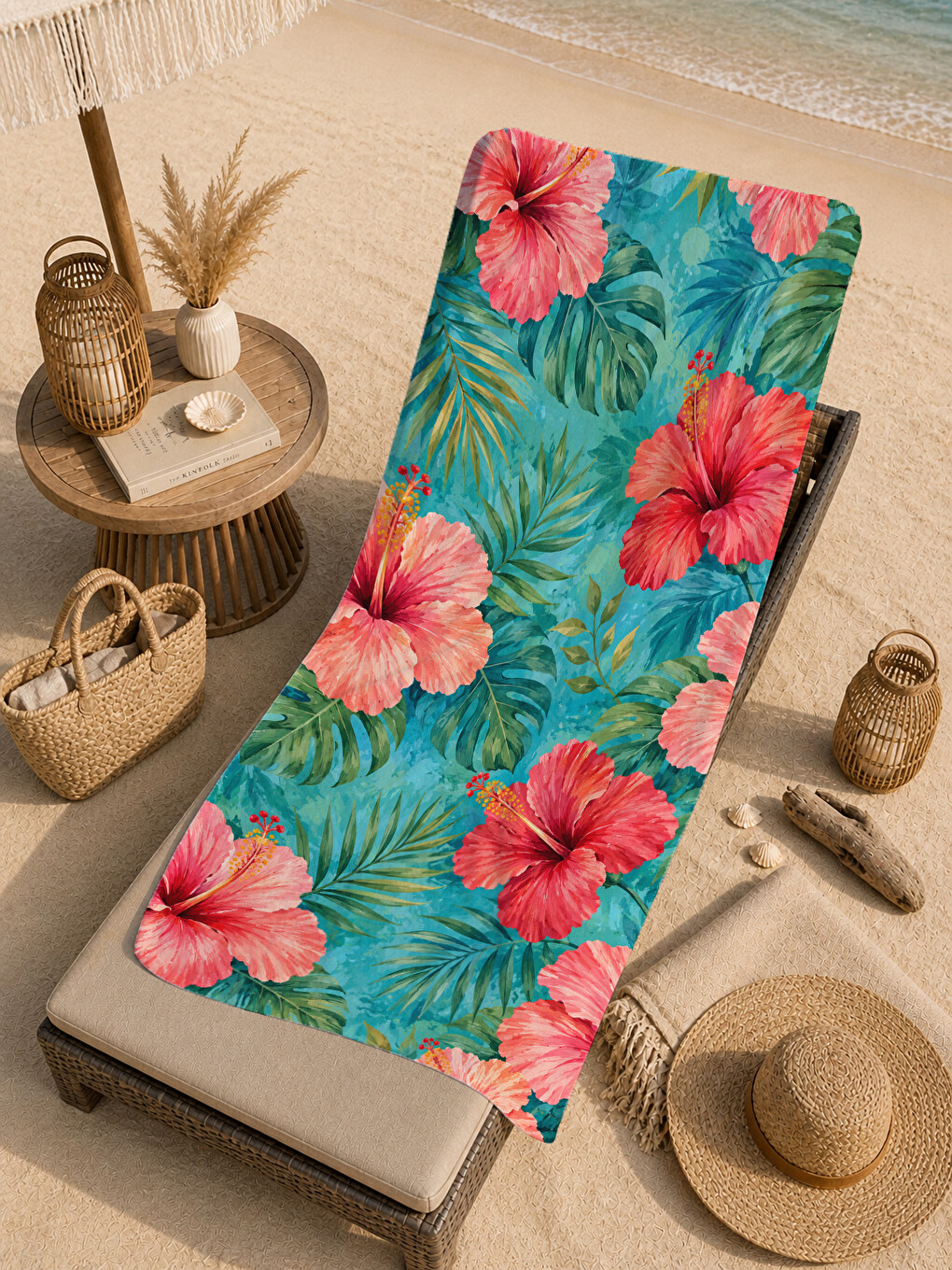 Tropikal Turkuaz Hibiskus Çiçekli Desenli 70x150 Plaj Havlusu - Dijital Baskılı Banyo Havlusu