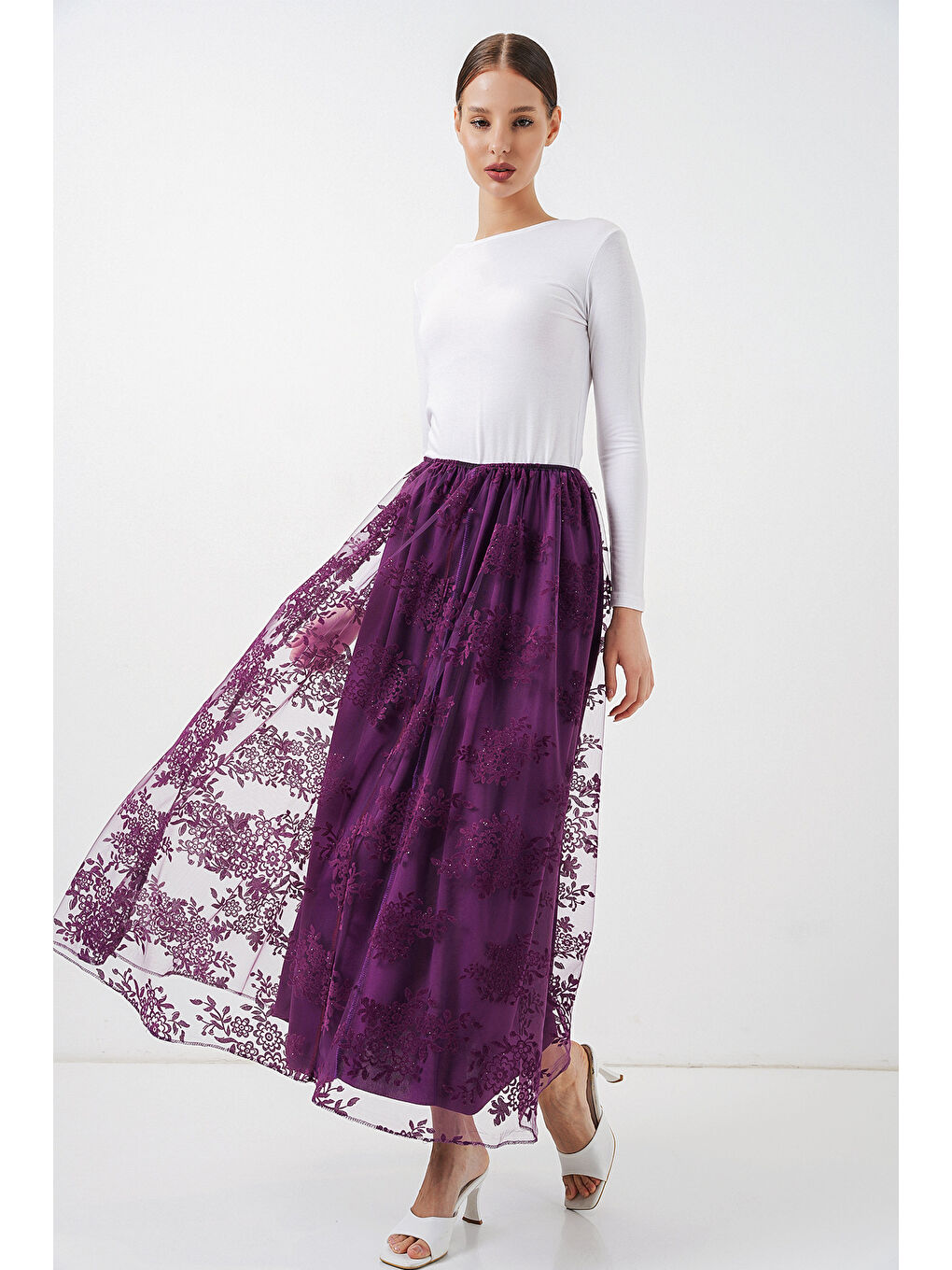 Kadın Flok Baskılı Uzun Tül Etek 8070 - Mor-4