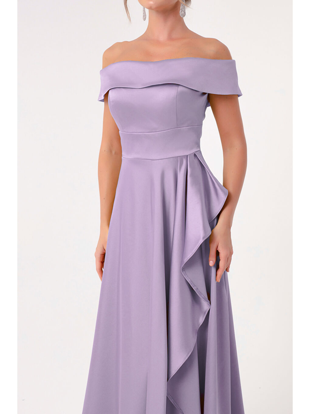 Kadın Lila Kayık Yaka Saten Abiye & Mezuniyet Elbisesi-3