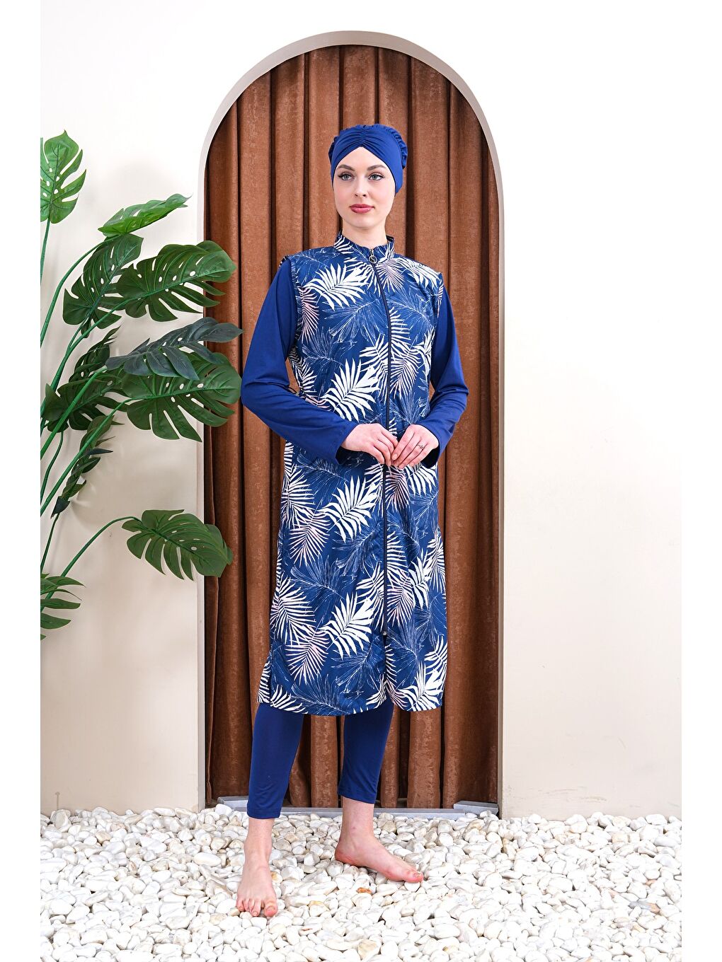 Lacivert Dijital Baskılı Uzun Jile Model Taytlı Kapalı Tesettür Mayo 5688