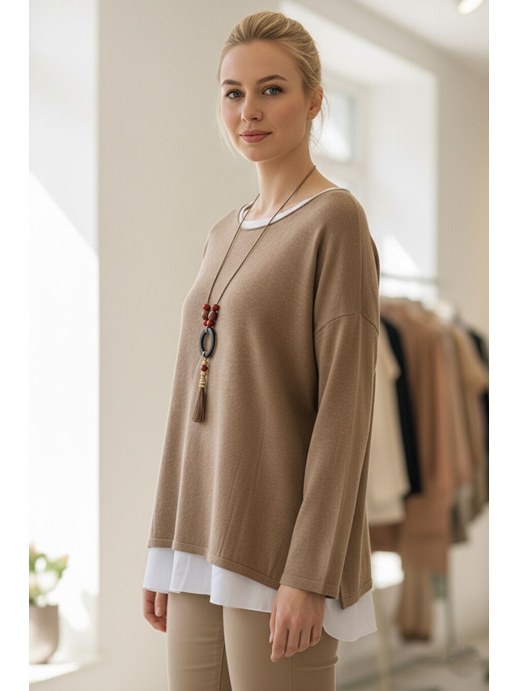 İtalyan Sütlü Kahverengi Kayık Yaka Uzun Kol İkili Set Kolyeli Casual Oversize Triko Bluz 71 71-1