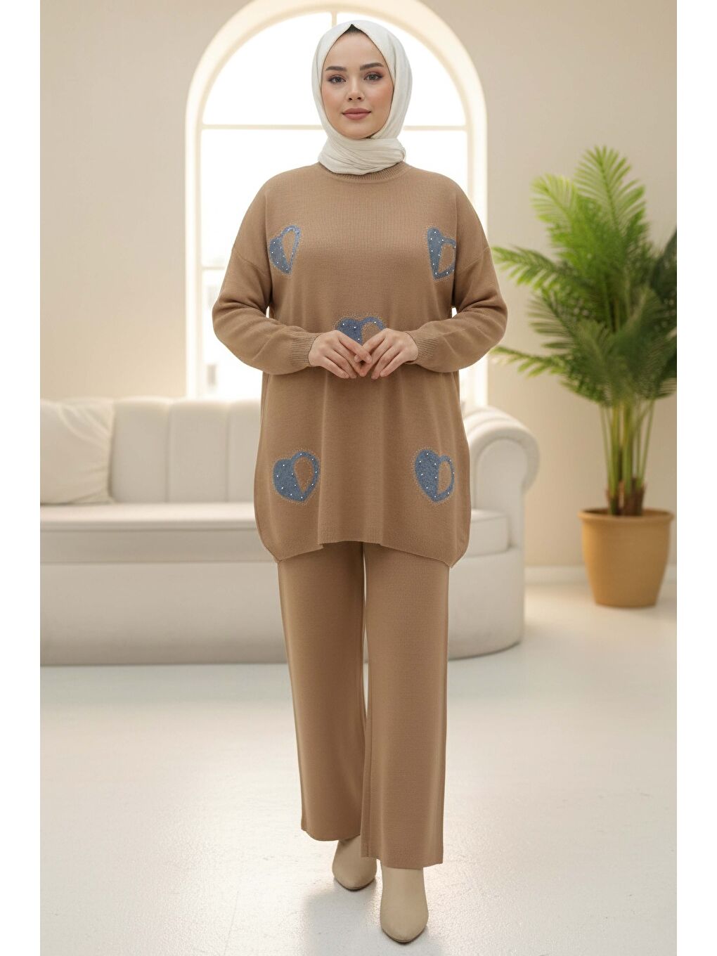 Bej Kalp Taş Detaylı Triko İkili Takım Vizon - 28123-VIZON-1