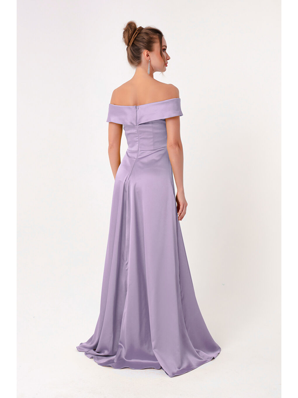 Kadın Lila Kayık Yaka Saten Abiye & Mezuniyet Elbisesi-4