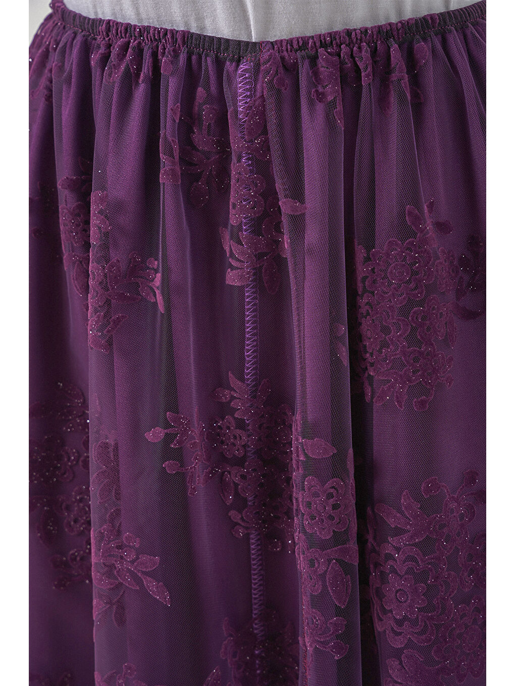 Kadın Flok Baskılı Uzun Tül Etek 8070 - Mor-5