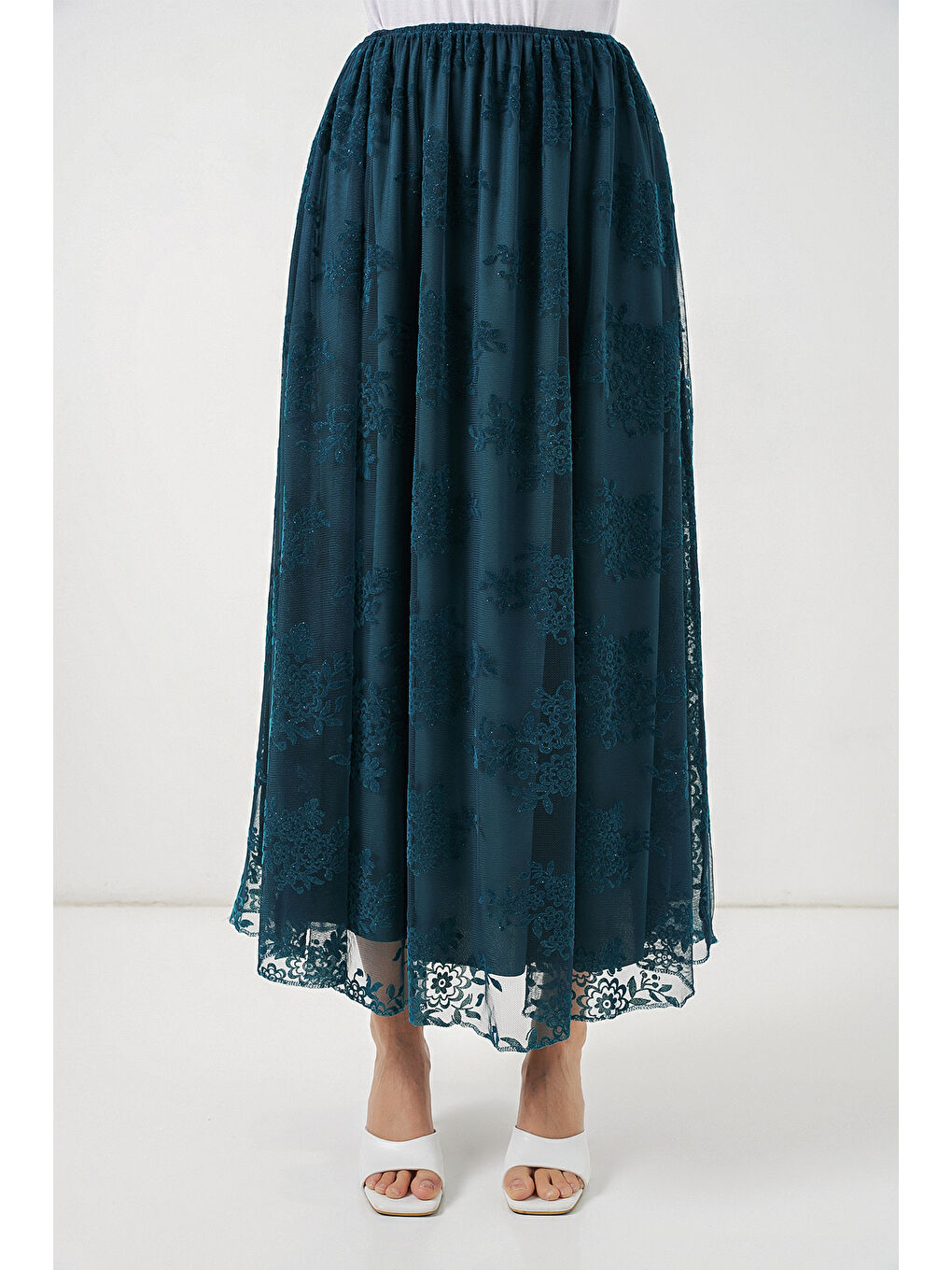 Kadın Flok Baskılı Uzun Tül Etek 8070 - Petrol-1