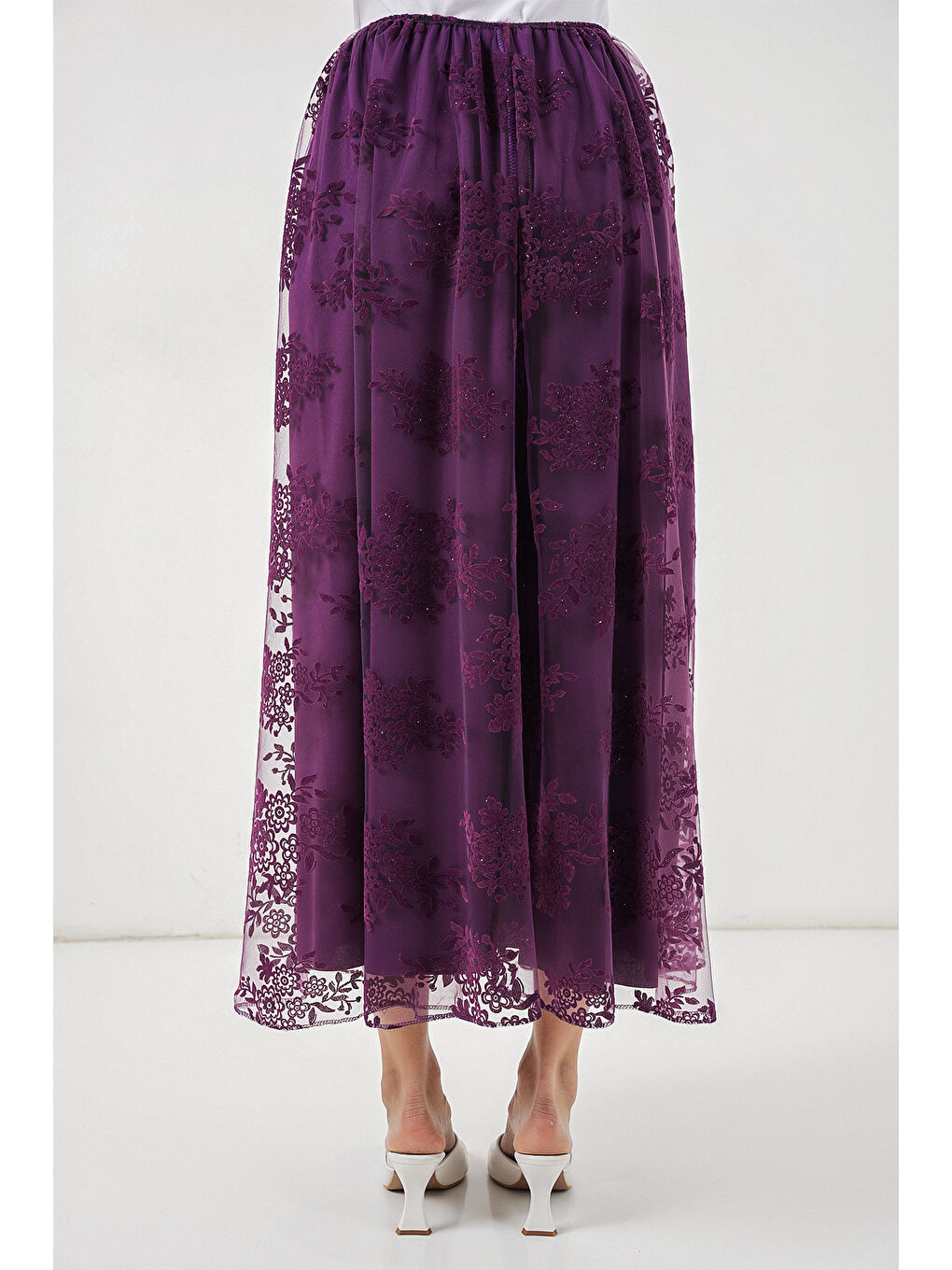 Kadın Flok Baskılı Uzun Tül Etek 8070 - Mor-6