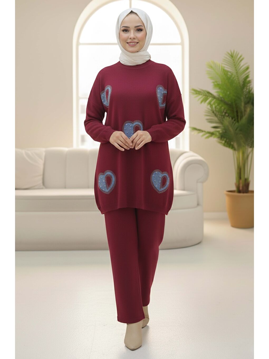Kalp Taş Detaylı Triko İkili Takım Bordo - 28123-BORDO-1