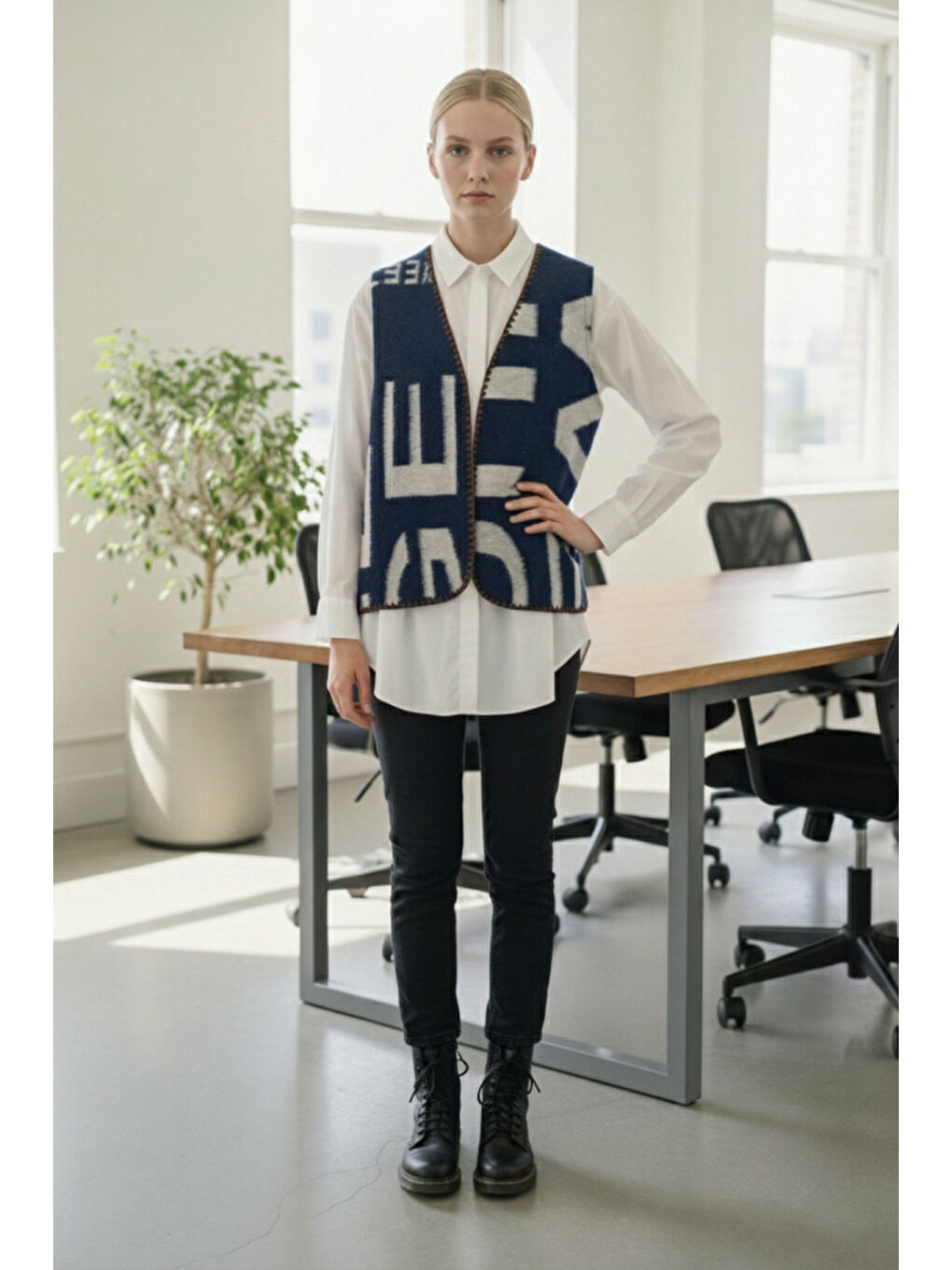 İtalyan Lacivert V Yaka Kolsuz Yazı Baskılı Kapamasız Tığ İşi Kenarlı Akrilik Dokuma Yelek 60 60-2