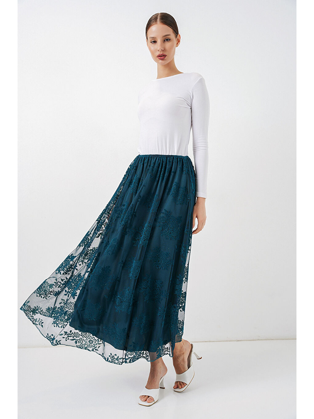 Kadın Flok Baskılı Uzun Tül Etek 8070 - Petrol-2