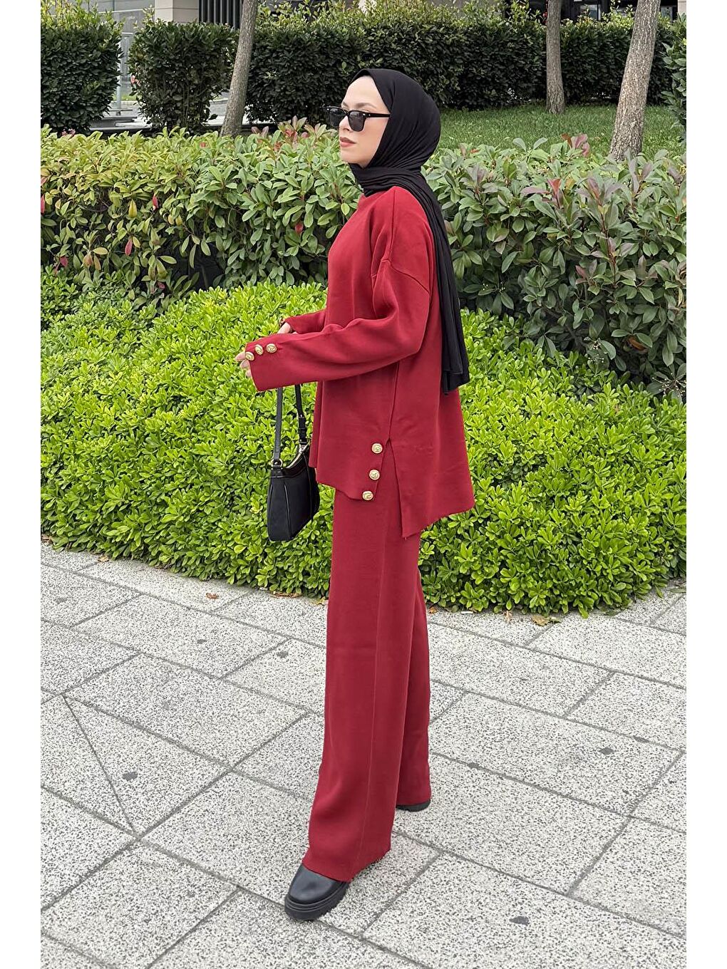 Düğme Detaylı Triko Takım Bordo-1