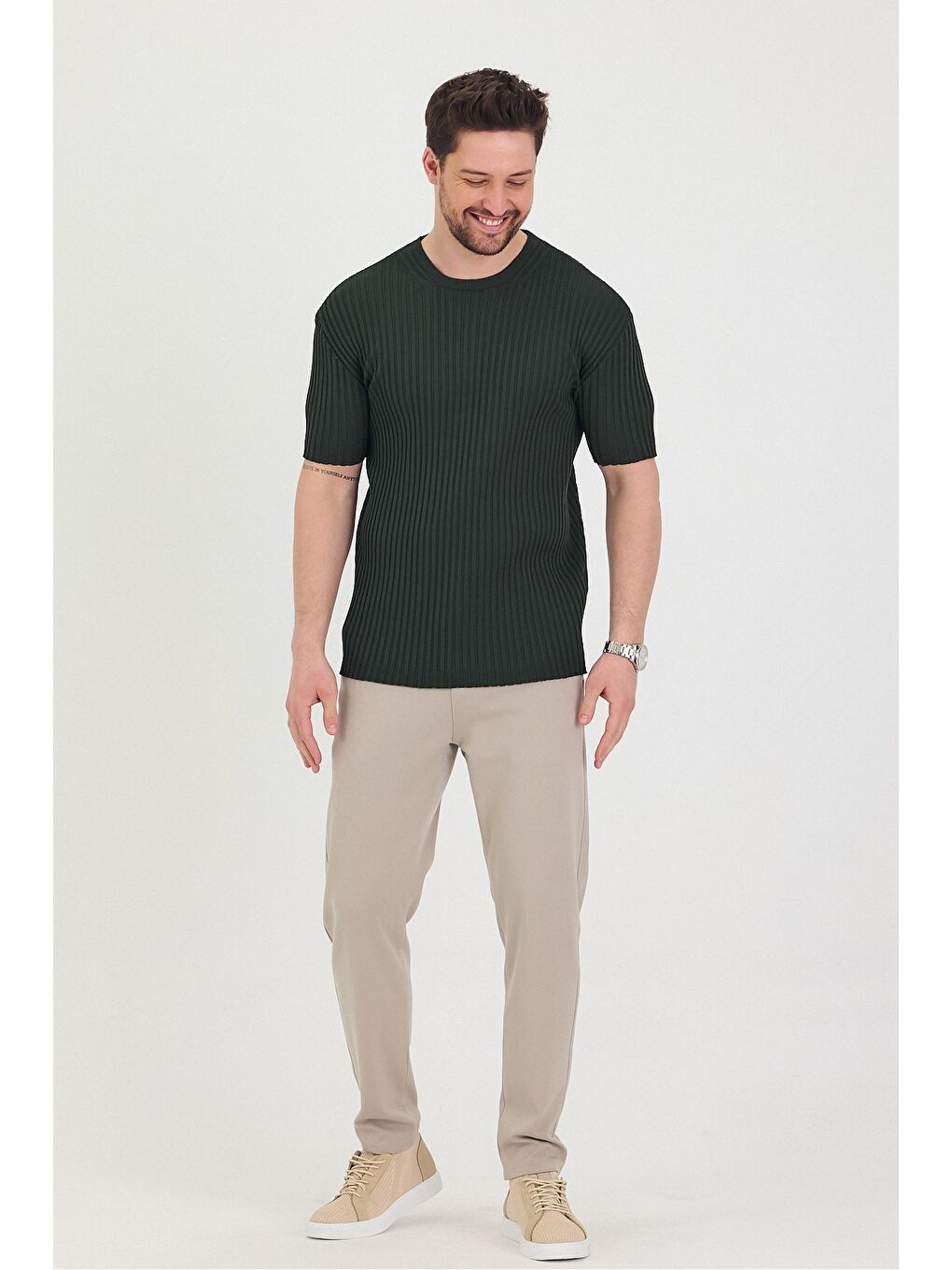 Haki Erkek Bisiklet Yaka Fitilli Kısa Kollu Ince Triko Tişört-3