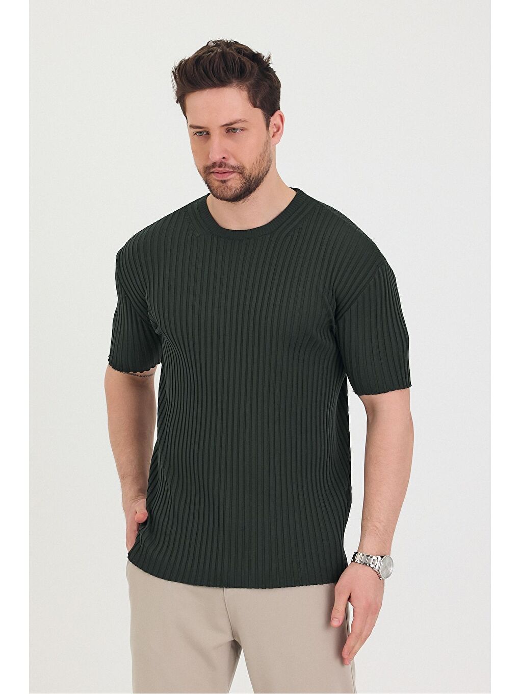 Haki Erkek Bisiklet Yaka Fitilli Kısa Kollu Ince Triko Tişört-4