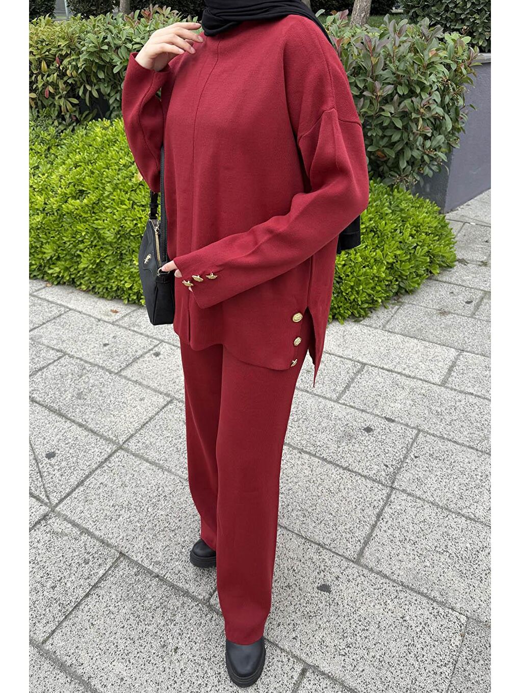 Düğme Detaylı Triko Takım Bordo-2