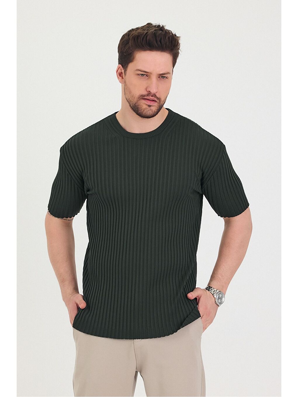 Haki Erkek Bisiklet Yaka Fitilli Kısa Kollu Ince Triko Tişört-5