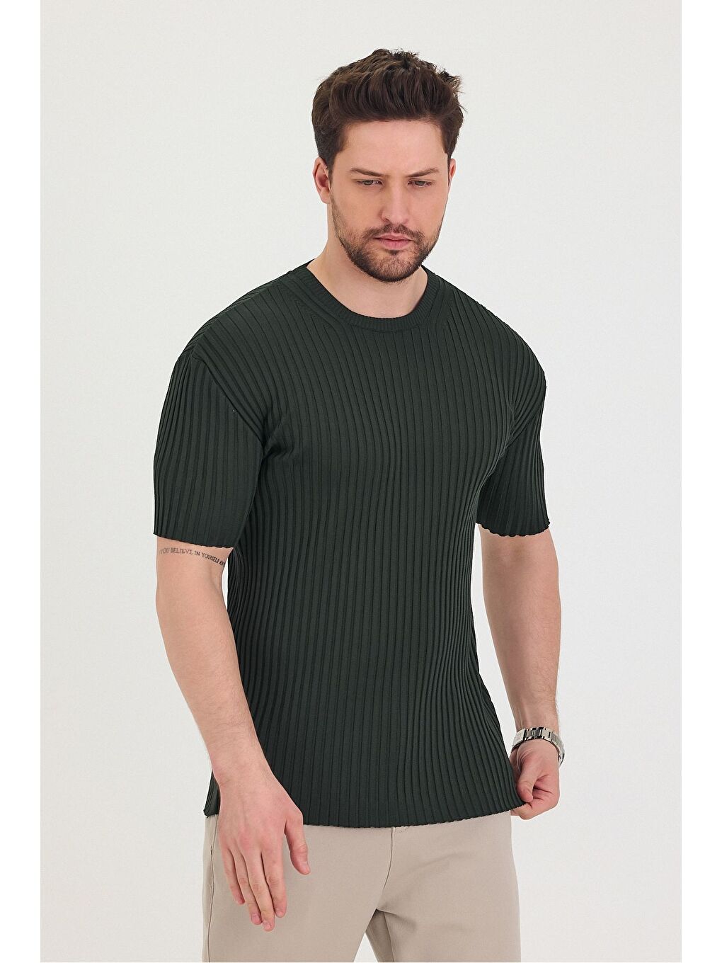 Haki Erkek Bisiklet Yaka Fitilli Kısa Kollu Ince Triko Tişört-6