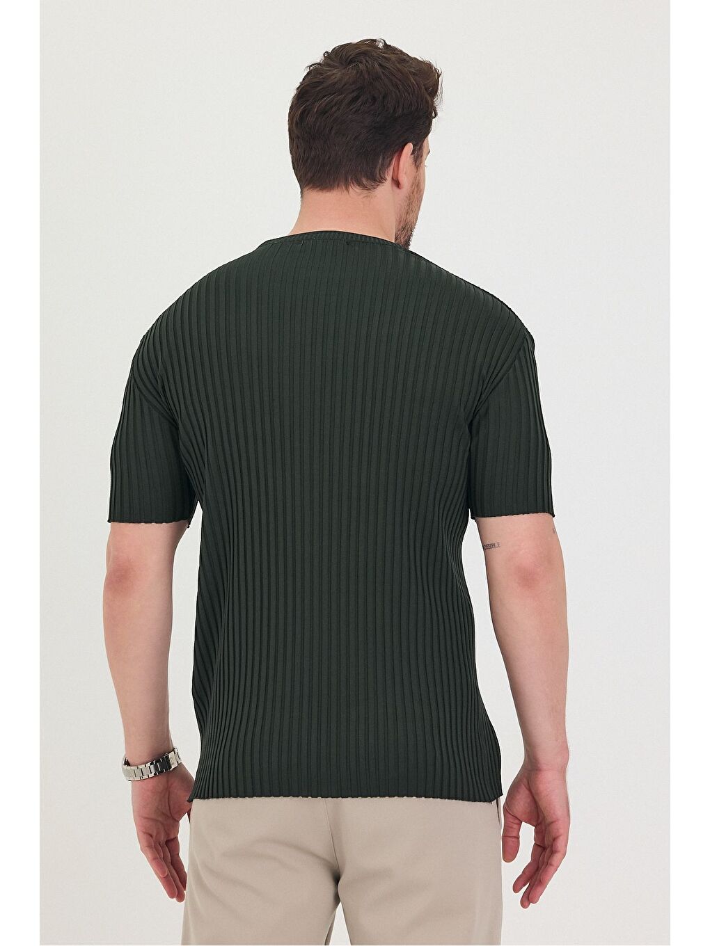 Haki Erkek Bisiklet Yaka Fitilli Kısa Kollu Ince Triko Tişört-7