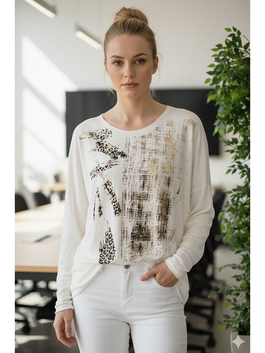 İtalyan Ekru Havuz Yaka Uzun Kol İnce Varak Baskılı Casual Angora Oversize Triko Bluz 68 76