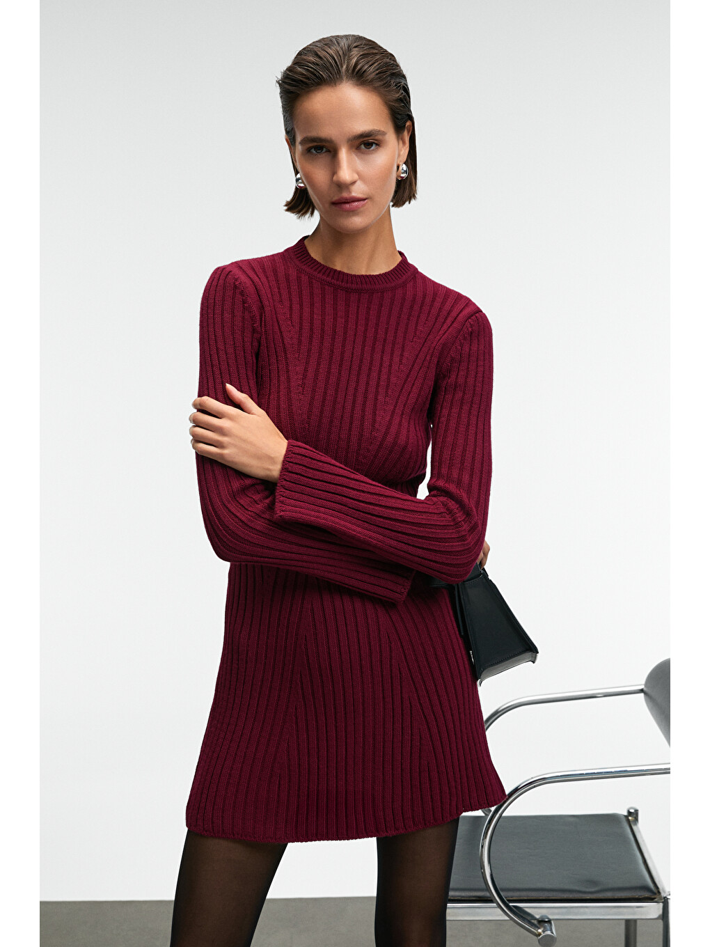 Encanto Kadın Yuvarlak Yaka Çizgi Desenli Slim Fit Bordo Elbise-5