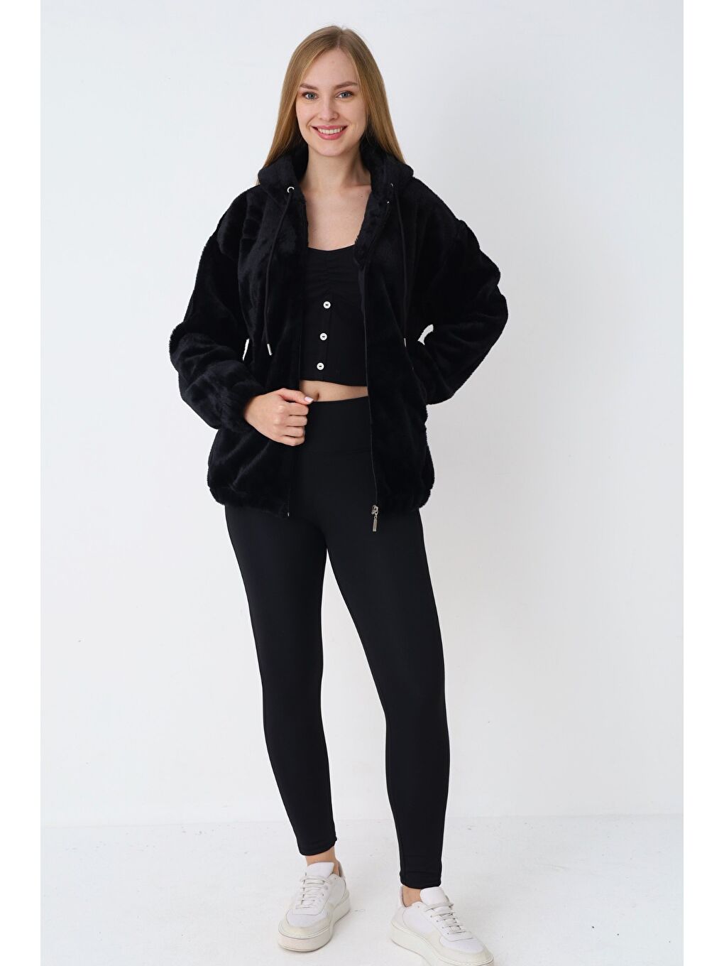 Siyah Kapüşonlu Fermuarlı Cepli Pelüş Uzun Kollu Kadın Hırka-6