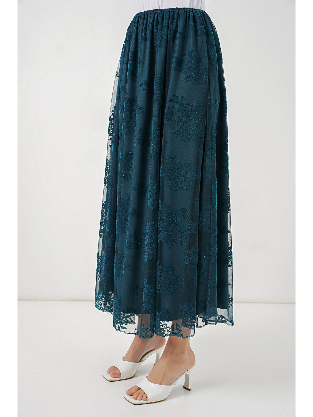 Kadın Flok Baskılı Uzun Tül Etek 8070 - Petrol-3