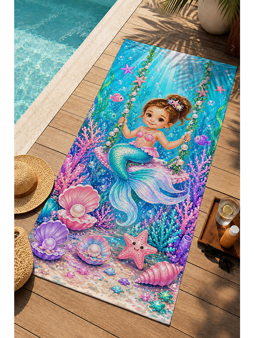 Masalsı Deniz Kızı Mercanlı Desenli 70x150 Plaj Havlusu - Dijital Baskılı Solmaz Banyo Havlusu