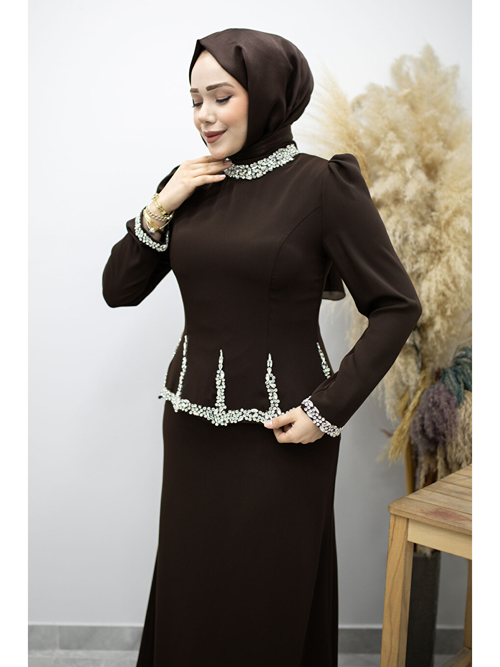 Taş İşlemeli Peplum Abiye Tsd260195 Kahverengi-1