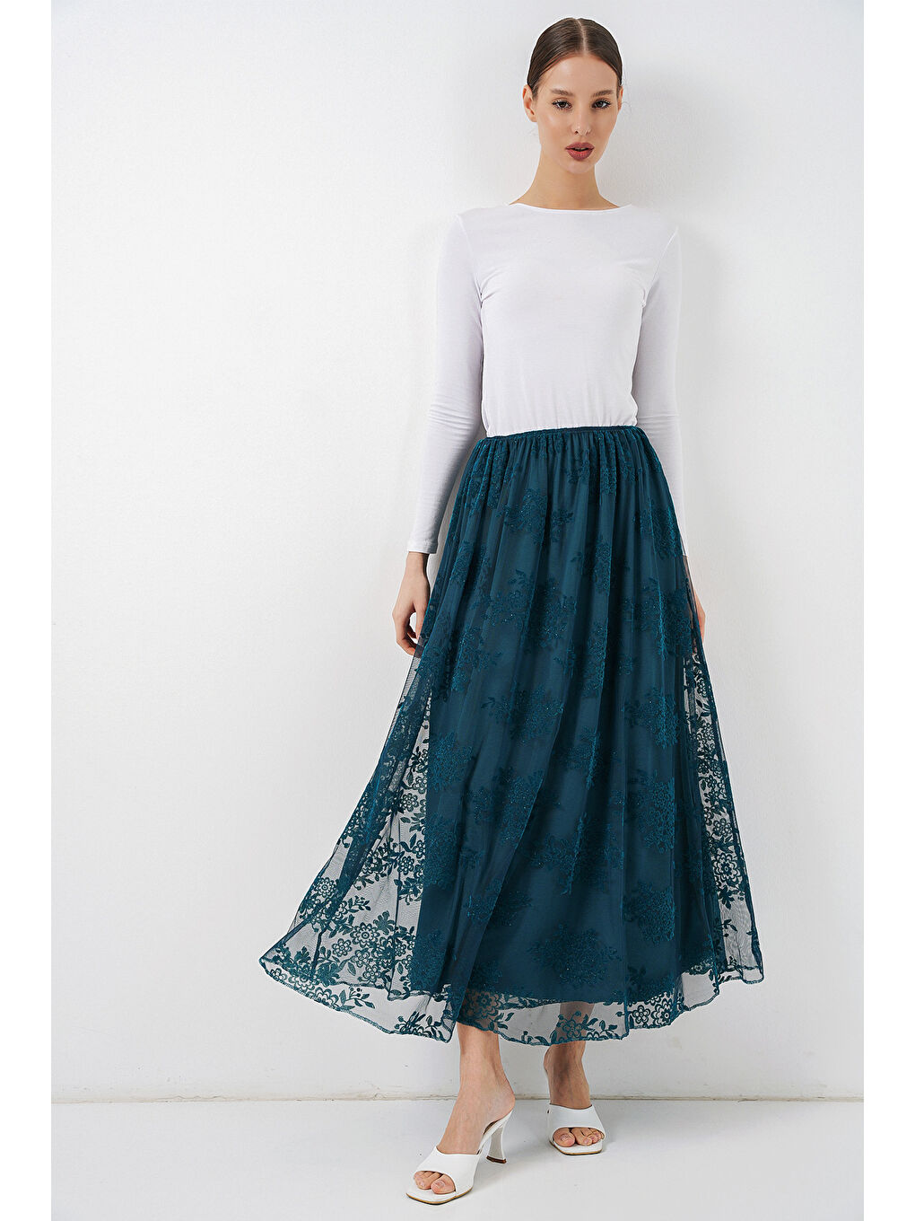 Kadın Flok Baskılı Uzun Tül Etek 8070 - Petrol-4