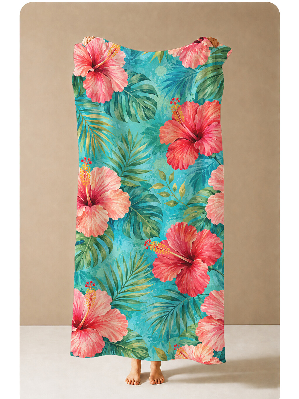 Tropikal Turkuaz Hibiskus Çiçekli Desenli 70x150 Plaj Havlusu - Dijital Baskılı Banyo Havlusu-1