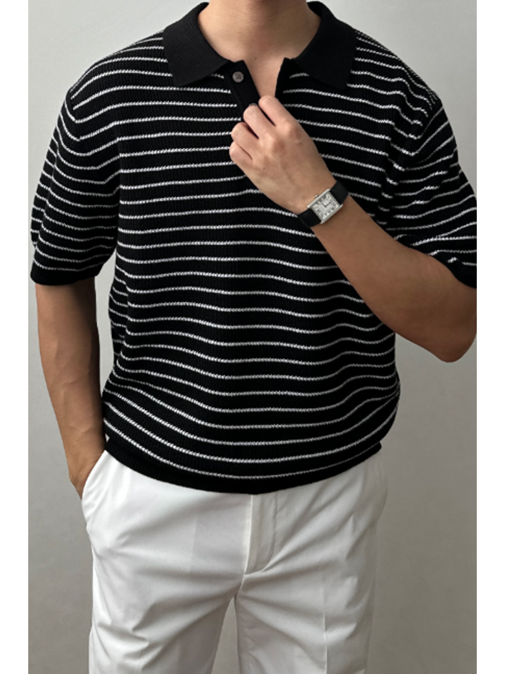 Erkek Siyah Çizgili Düğmeli Regular Fit Triko T-Shirt