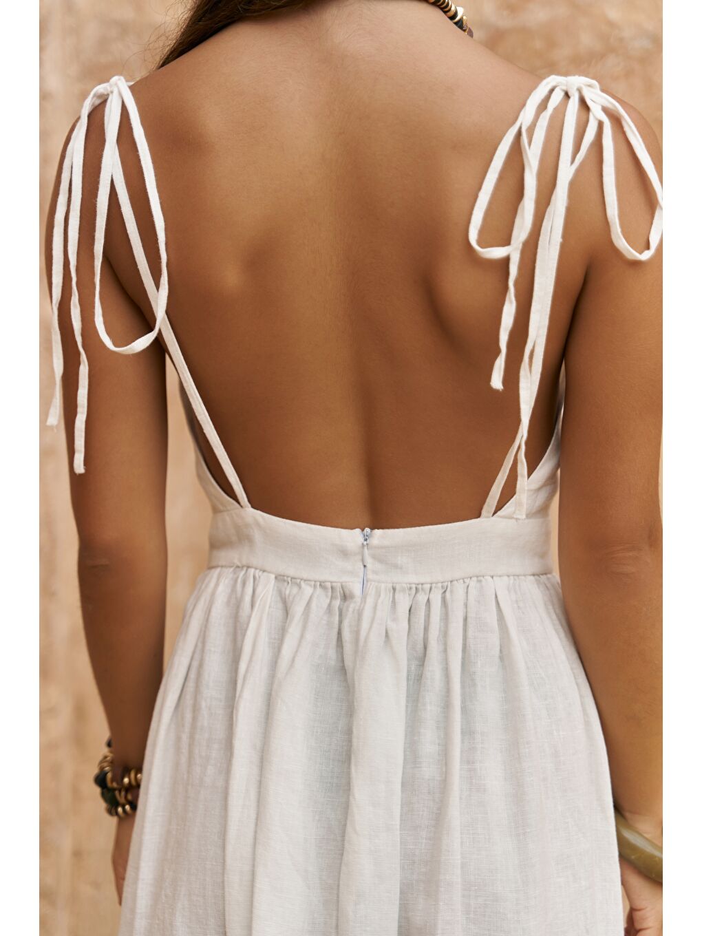 Eara Askılı Beyaz Uzun Keten Elbise-5