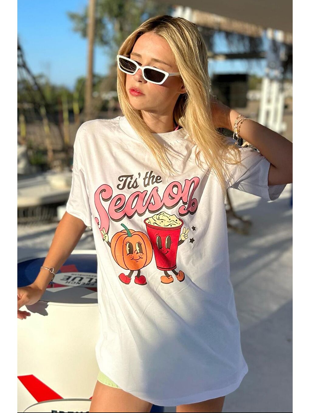 Beyaz Baskılı Bisiklet Yaka Kadın Tişört Mg1776-4