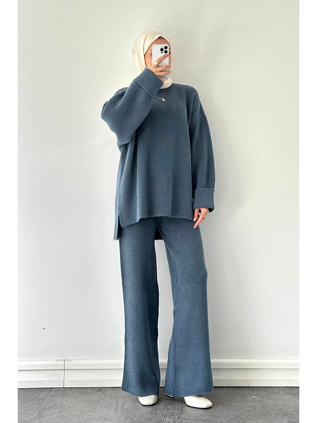 Fitilli Triko Takım İndigo-3