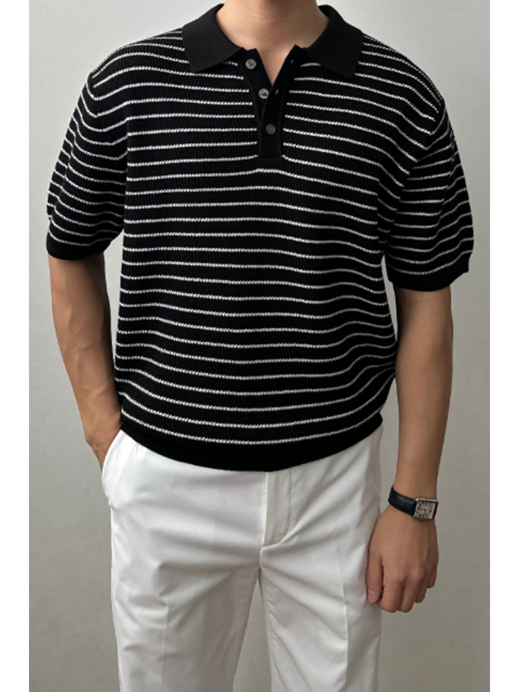 Erkek Siyah Çizgili Düğmeli Regular Fit Triko T-Shirt-1