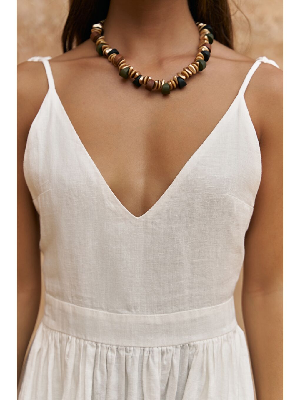 Eara Askılı Beyaz Uzun Keten Elbise-6