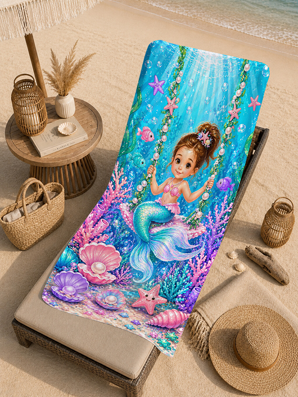 Masalsı Deniz Kızı Mercanlı Desenli 70x150 Plaj Havlusu - Dijital Baskılı Solmaz Banyo Havlusu-1