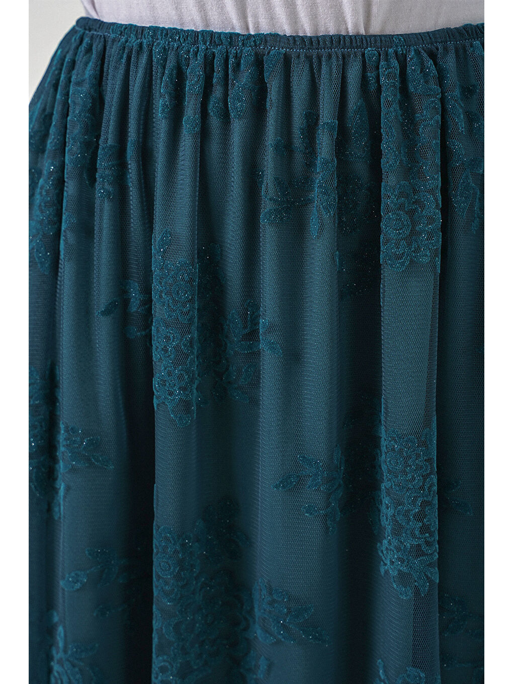 Kadın Flok Baskılı Uzun Tül Etek 8070 - Petrol-5