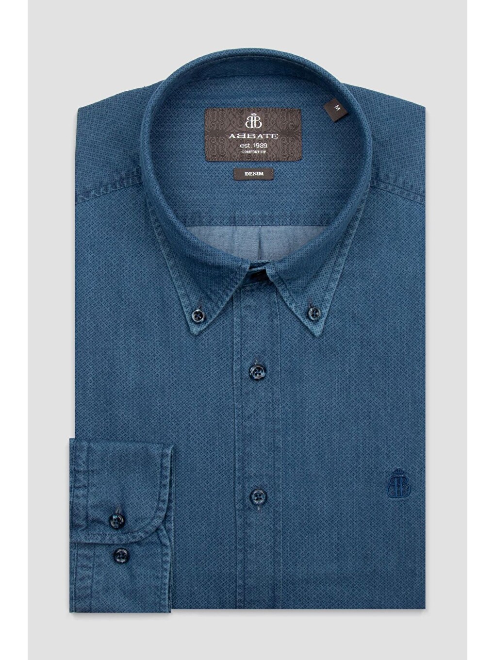 Natte Denim Pamuklu Comfort Fit Lacivert Düğmeli Yaka Erkek Düz Gömlek-3