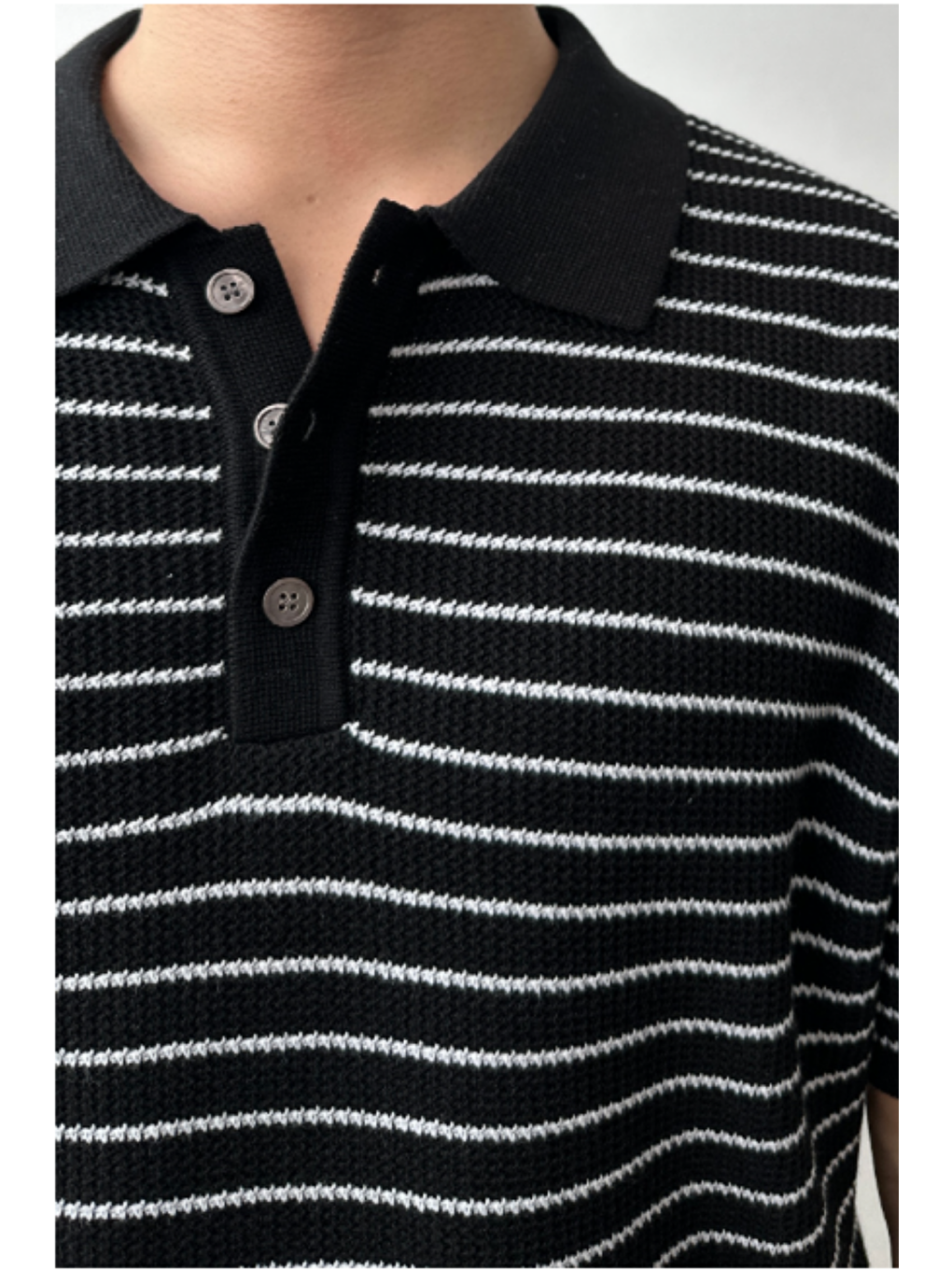 Erkek Siyah Çizgili Düğmeli Regular Fit Triko T-Shirt-2