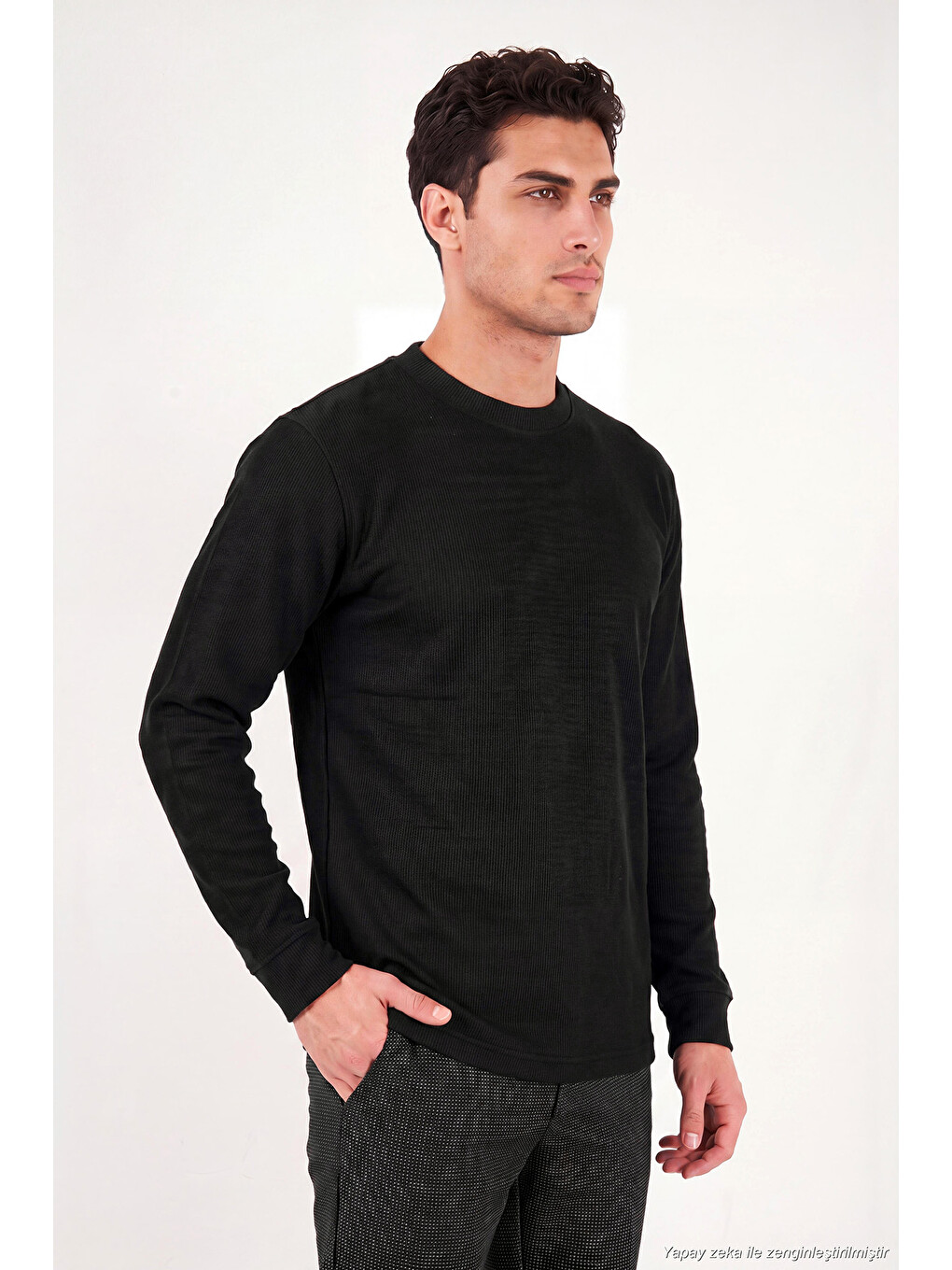 Siyah Pamuk Karışımlı Relaxed Fit Bisiklet Yaka Sweat 5905837-2